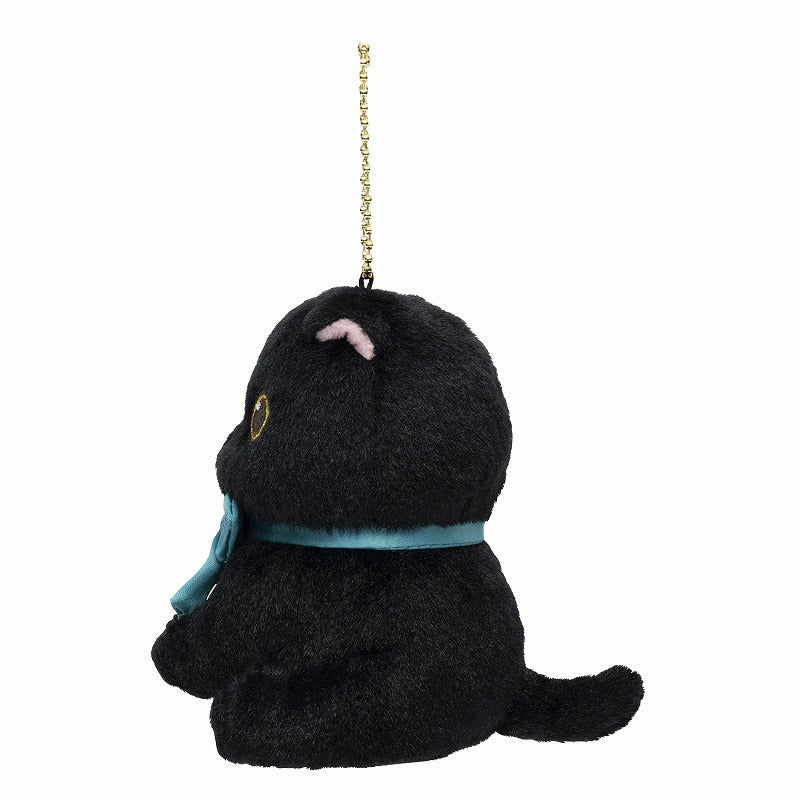mofusand Sitting Black Cat Mascot Keychain (Blue Ribbon)