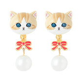 mofusand Ribbon & Pearl Earrings (Brown & White)