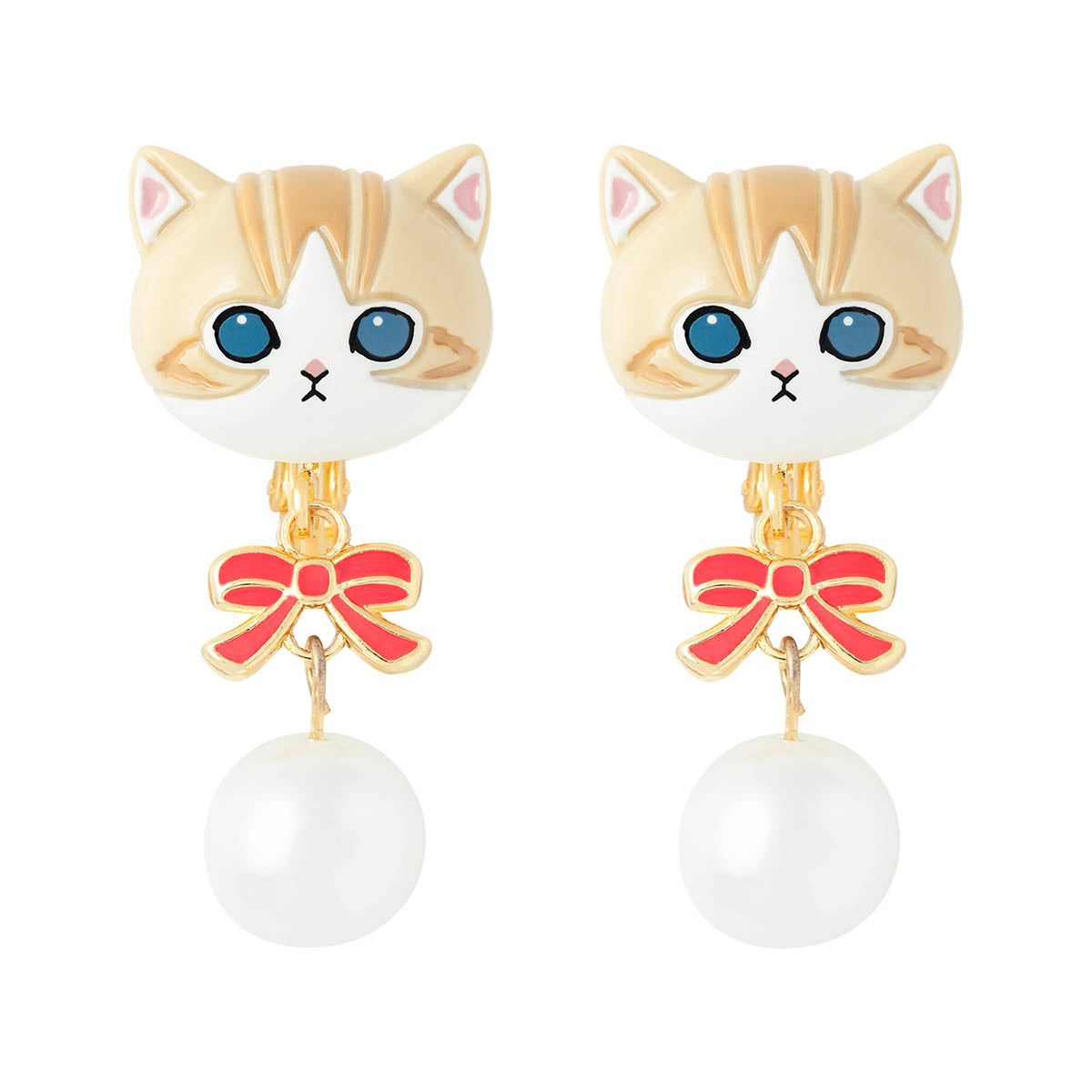 mofusand Ribbon & Pearl Earrings (Brown & White)