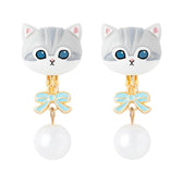 mofusand Ribbon & Pearl Earrings (Gray & White)