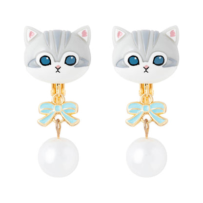 mofusand Ribbon & Pearl Earrings (Gray & White)