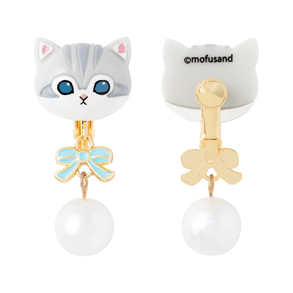 mofusand Ribbon & Pearl Earrings (Gray & White)