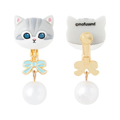 mofusand Ribbon & Pearl Earrings (Gray & White)