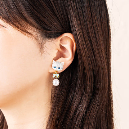 mofusand Ribbon & Pearl Earrings (Gray & White)