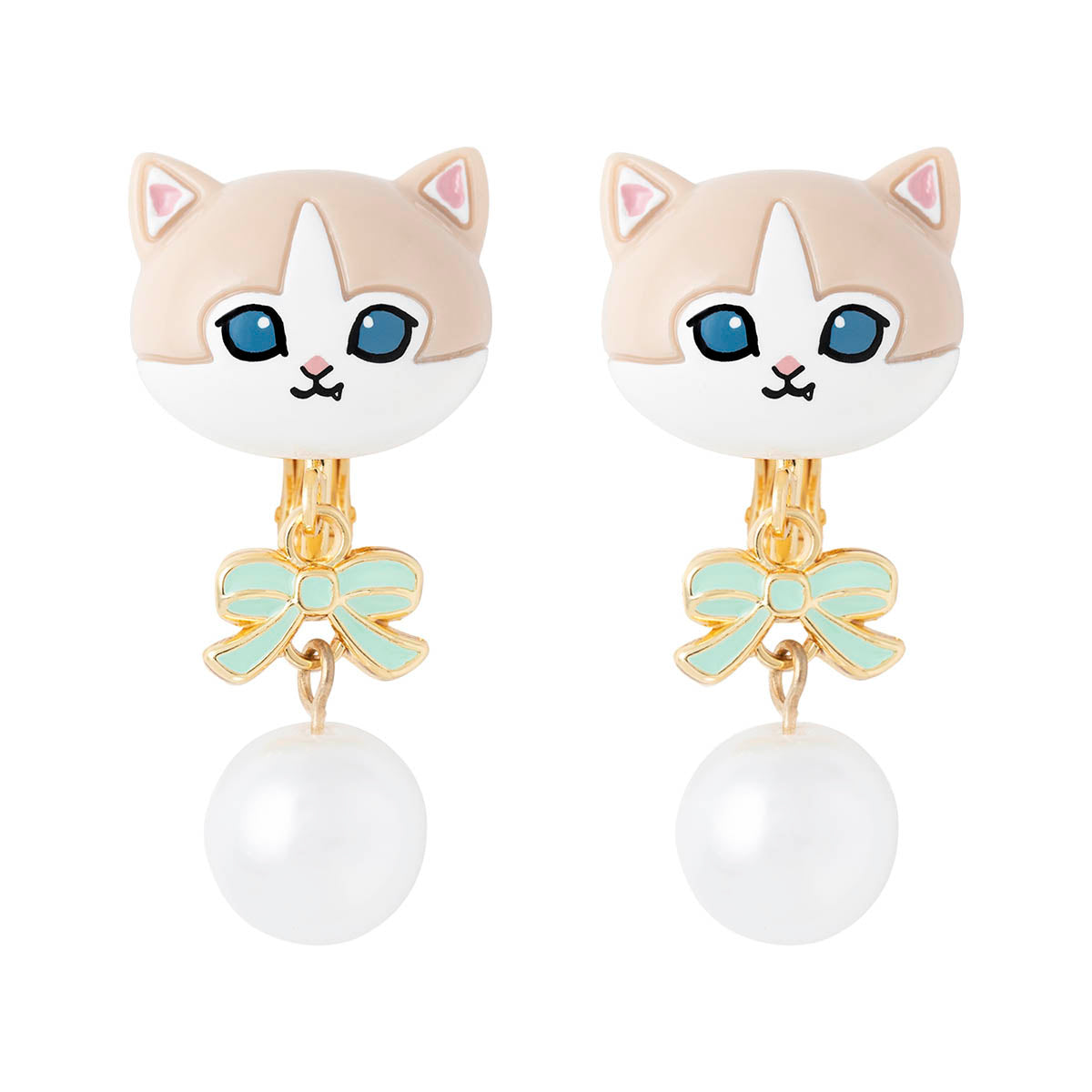 mofusand Ribbon & Pearl Earrings (Beige Bicolor)