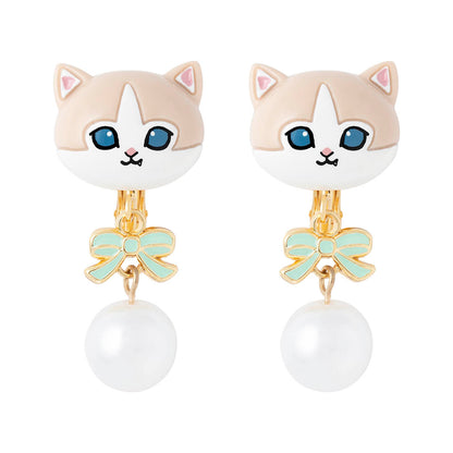 mofusand Ribbon & Pearl Earrings (Beige Bicolor)