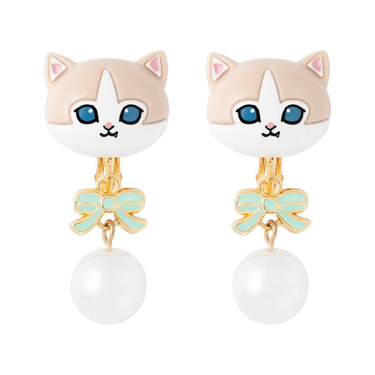 mofusand リボンとパール付きイヤリング(ベージュハチワレ)