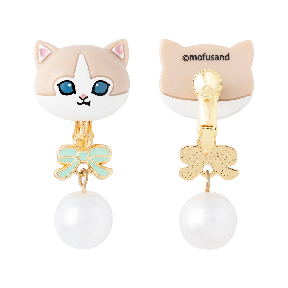 mofusand Ribbon & Pearl Earrings (Beige Bicolor)