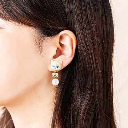 mofusand Ribbon & Pearl Earrings (Beige Bicolor)