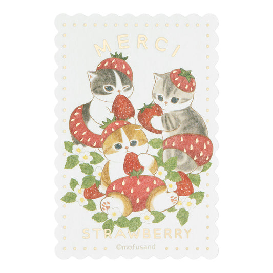 mofusand MERCI STRAWBERRY Smartphone-sized Foil-Stamped Sticker (Three Cats in Strawberry Pants)