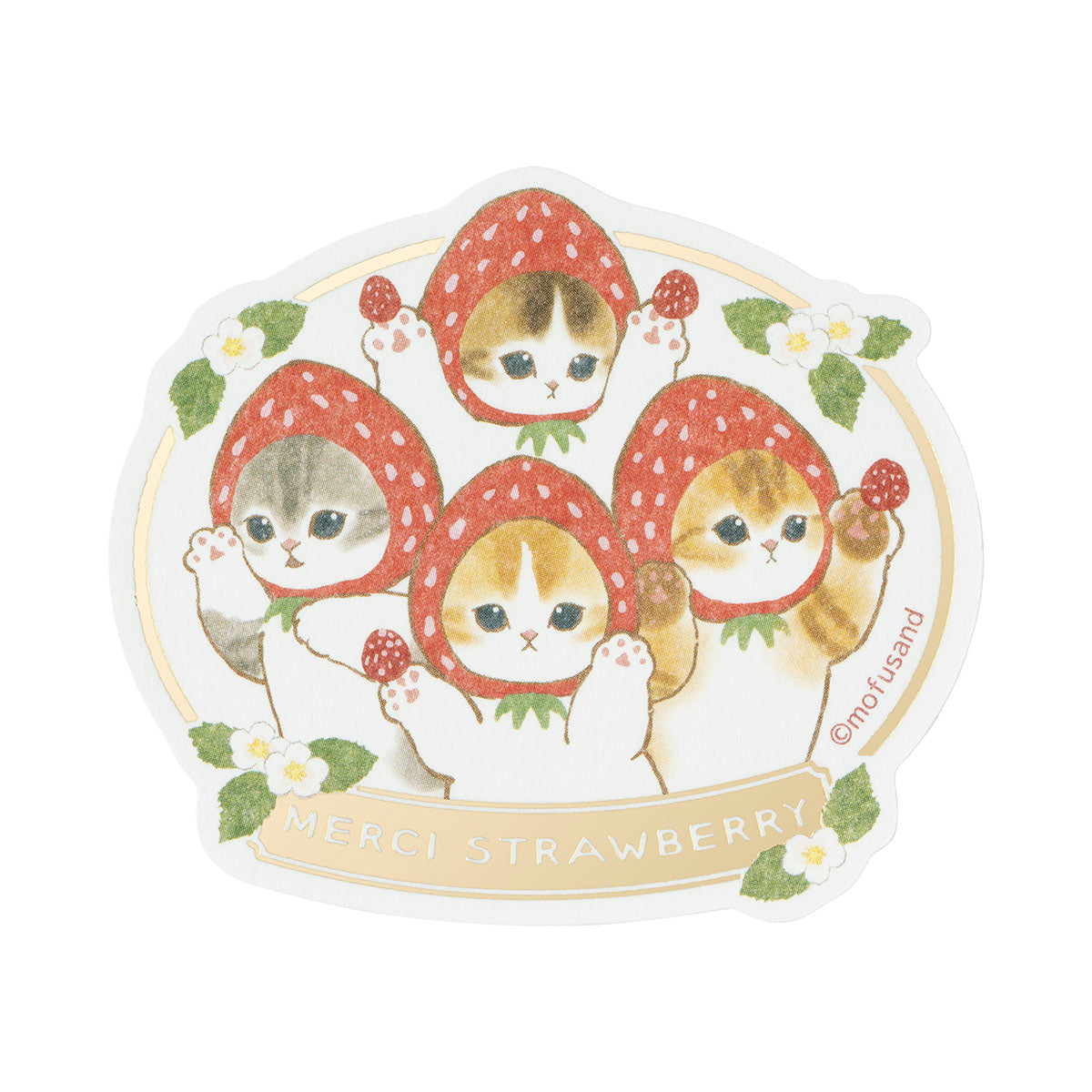 mofusand MERCI STRAWBERRY 箔押しステッカー モフサンド mofusand MERCI STRAWBERRY スマホに貼れるサイズの箔押しステッカー