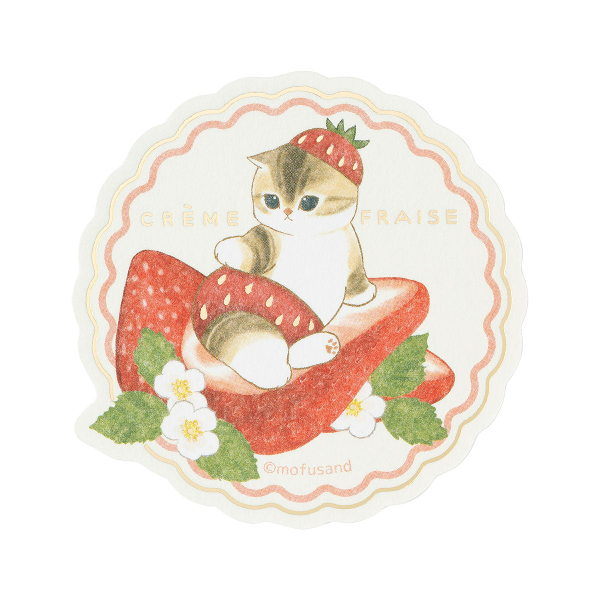 mofusand MERCI STRAWBERRY スマホに貼れるサイズの箔押しステッカー(いちごにのった猫)