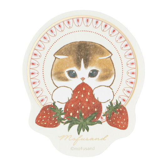 mofusand MERCI STRAWBERRY Smartphone-sized Foil-Stamped Sticker (Cat Holding a Strawberry)