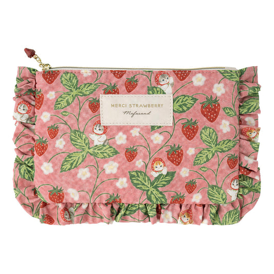 mofusand MERCI STRAWBERRY Frilled Flat Pouch (Red)
