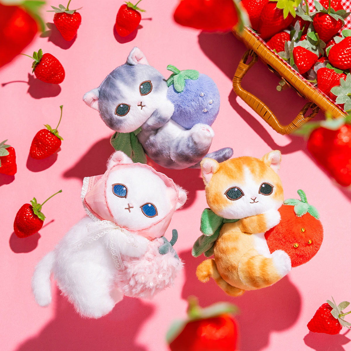 【Pink Rose×いちごクレープ♡ねこさん】 おすわりぬい服 16cm mofusand MERCI STRAWBERRY マスコット(いちごと灰白猫) | mofusand