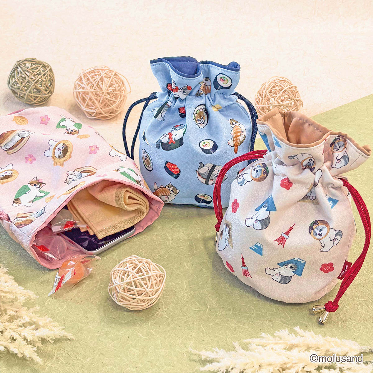 mofusand Drawstring Bag Chirimen (Wagashi)