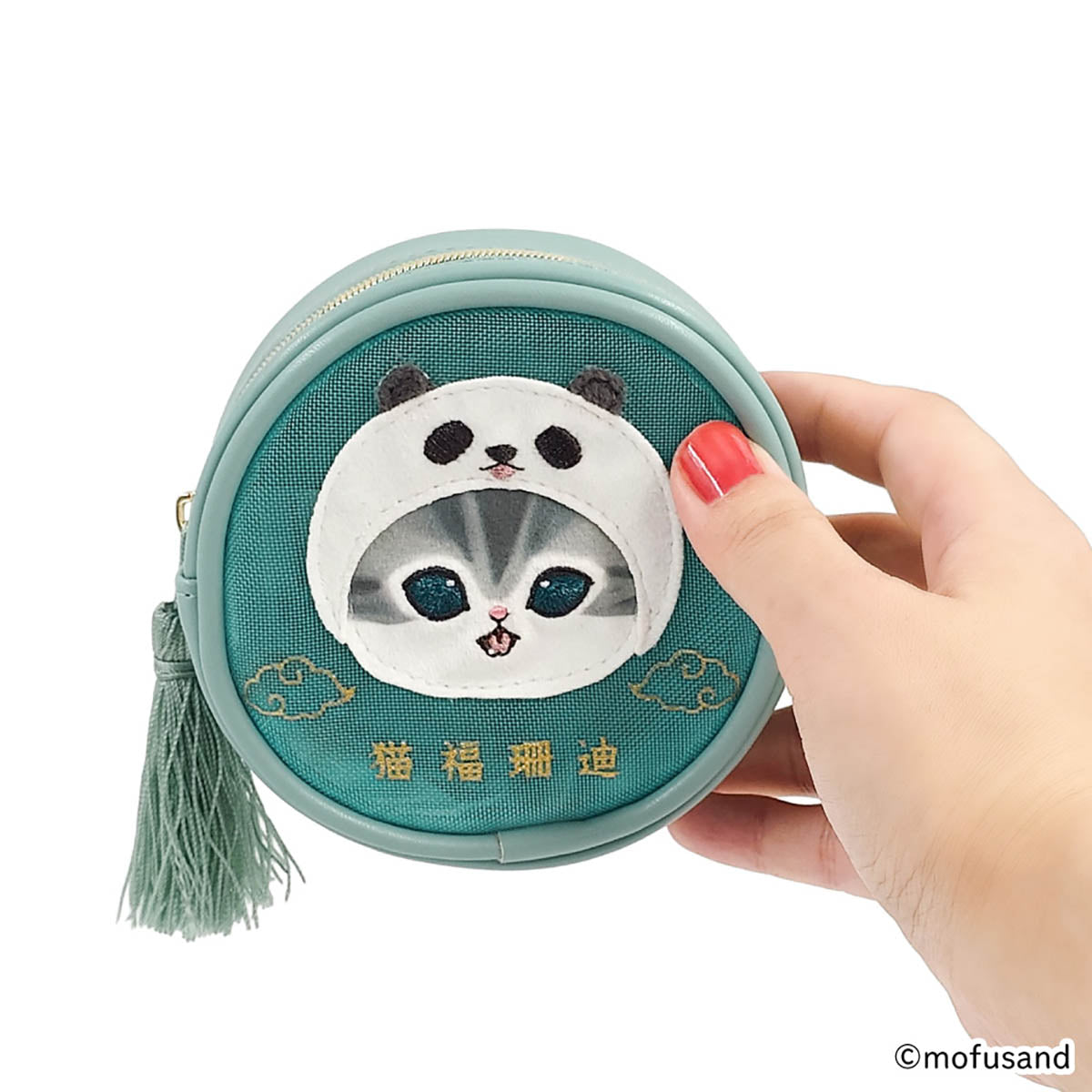 mofusand 圓形網格收納袋 熊貓貓(藍色)