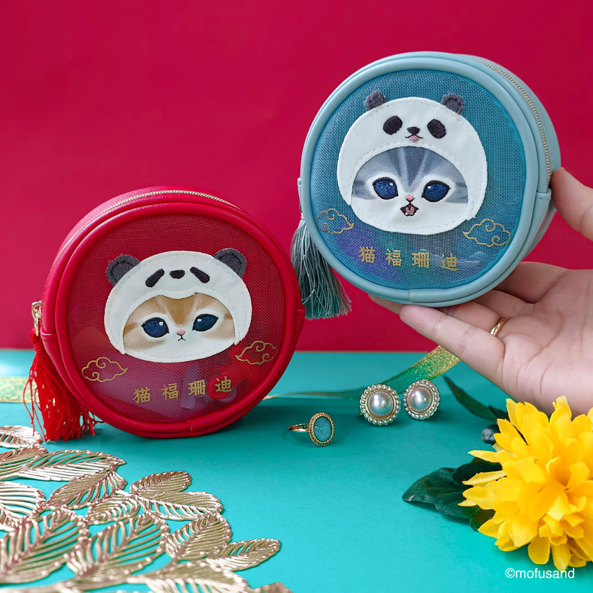 mofusand 圓形網格收納袋 熊貓貓(藍色)