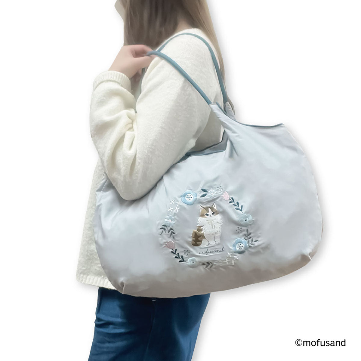 mofusand 刺繍エコバッグ ボタニカル(ブルー・ロングヘアーにゃん