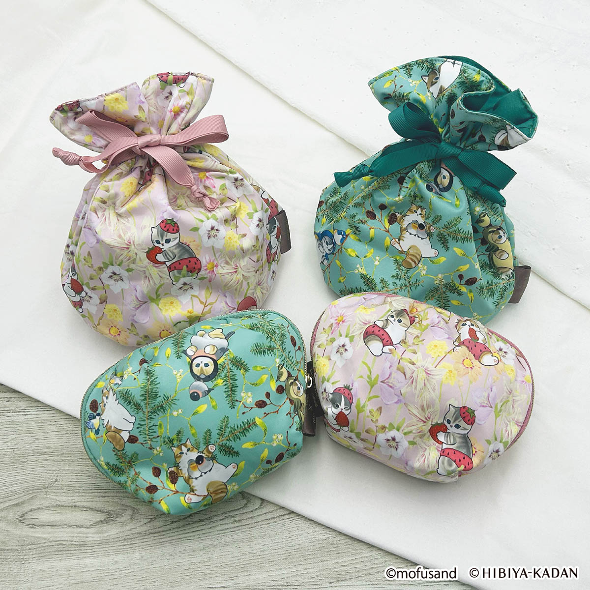 mofusand × HIBIYA-KADAN Drawstring Pouch (Green)