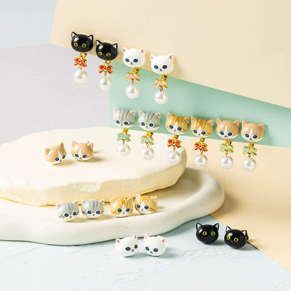 mofusand Ribbon & Pearl Earrings (Brown & White)